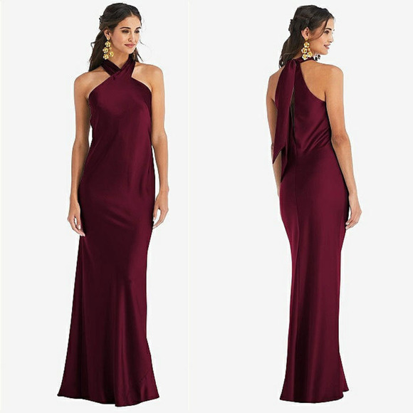 LOVELY TWIST HALTER BRIDESMAID MAXI TRUMPET GOWN IN CABERNET NWT WOMEN'S SMALL